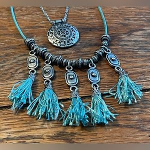 Boho Style 2 Tier Necklace Teal & Silver (Aged)